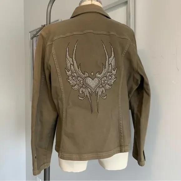 Caslon Y2K Jacket – Green Khaki – Rhinestone Sacred Heart – Size XL - Picture 2 of 8